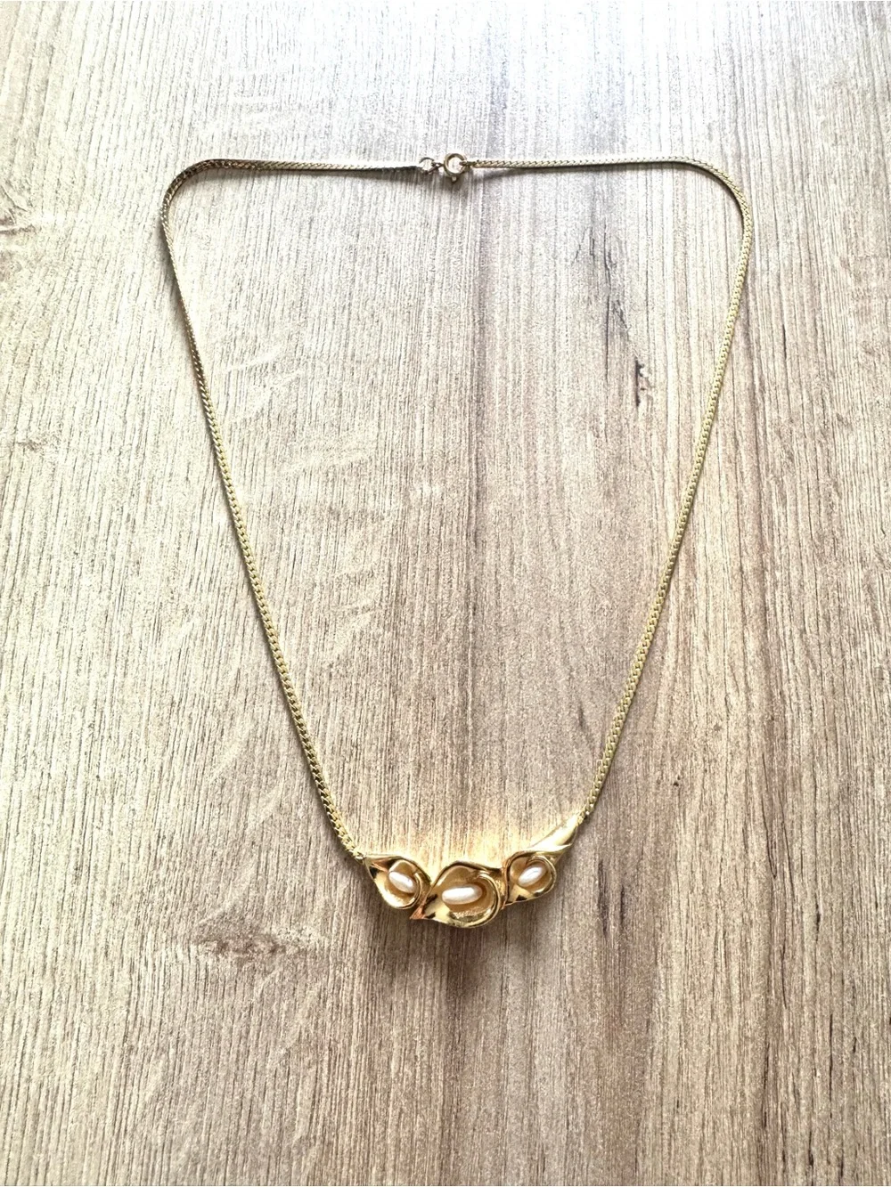 Vintage Gold Filled Triple Calla Lily  Pearl Necklace.